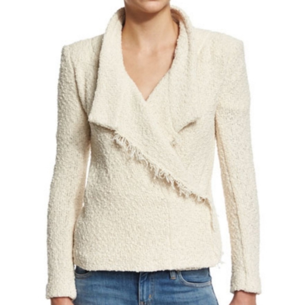 IRO Mira Cotton Moto Boucle Jacket Fringed‎ Hem Shawl Collar Womens Sz 38 Medium